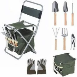 Maocao hoom 9-Piece Garden Tools Set Ergonomic Wooden Handle Sturdy Stool with Detachable Tool Kit
