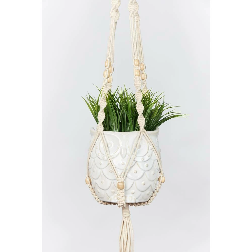 Primitive Planters 42 in. Ivory Woven Cotton Beaded Plant Hanger with Natural Deads - Image 3