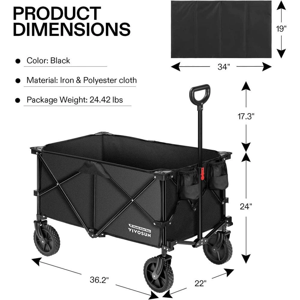 VIVOSUN 2.5 cu.ft. Collapsible Fabric Garden Cart with Universal Wheels and Adjustable Handle - Image 7
