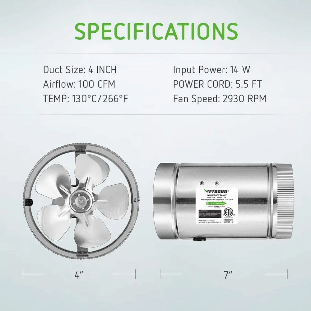 VIVOSUN 4 in. 100 CFM Inline Duct Fan with 5.5 ft. Grounded Power Cord - Image 4