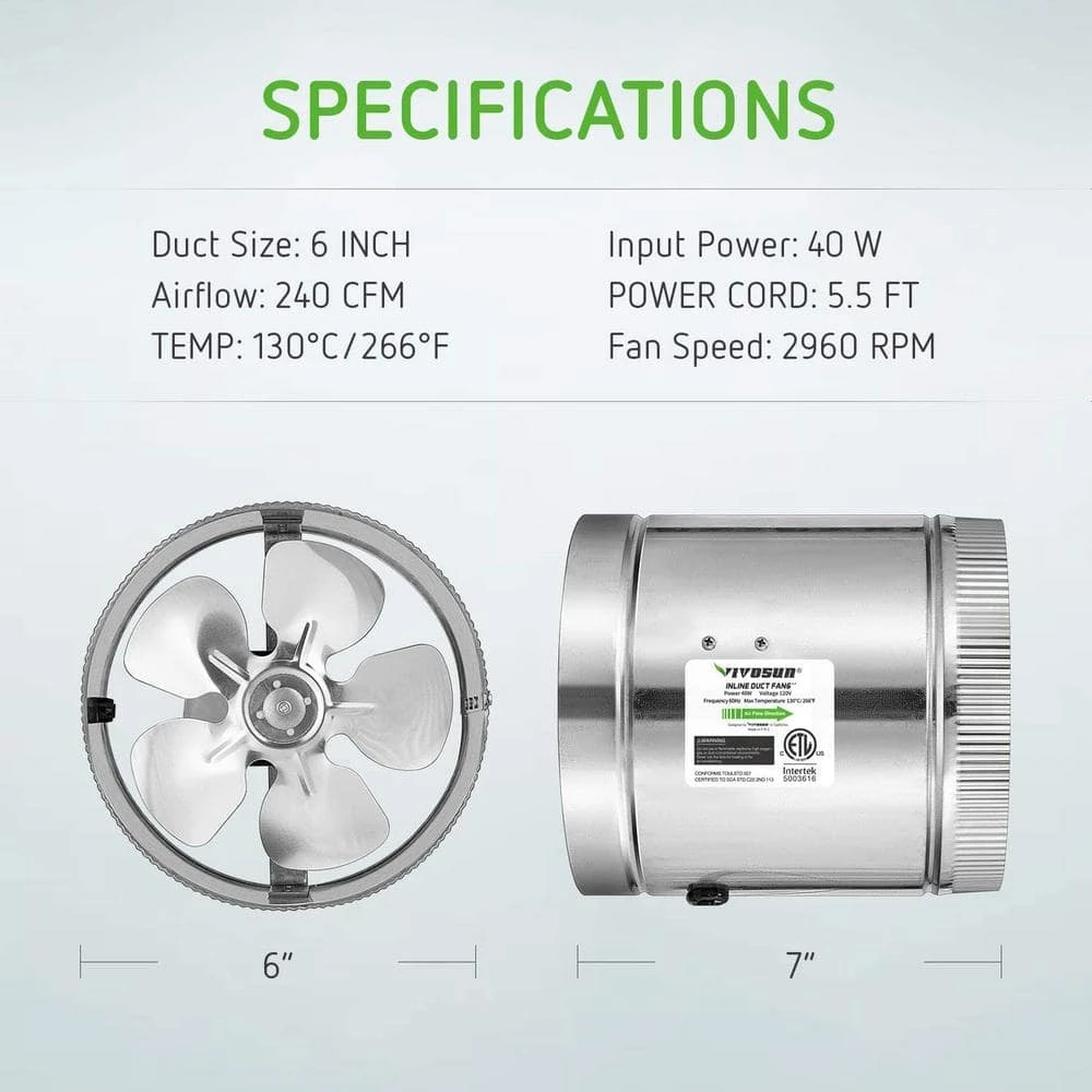 VIVOSUN 6 in. 240 CFM Inline Duct Fan with 5.5 ft. Grounded Power Cord - Image 3