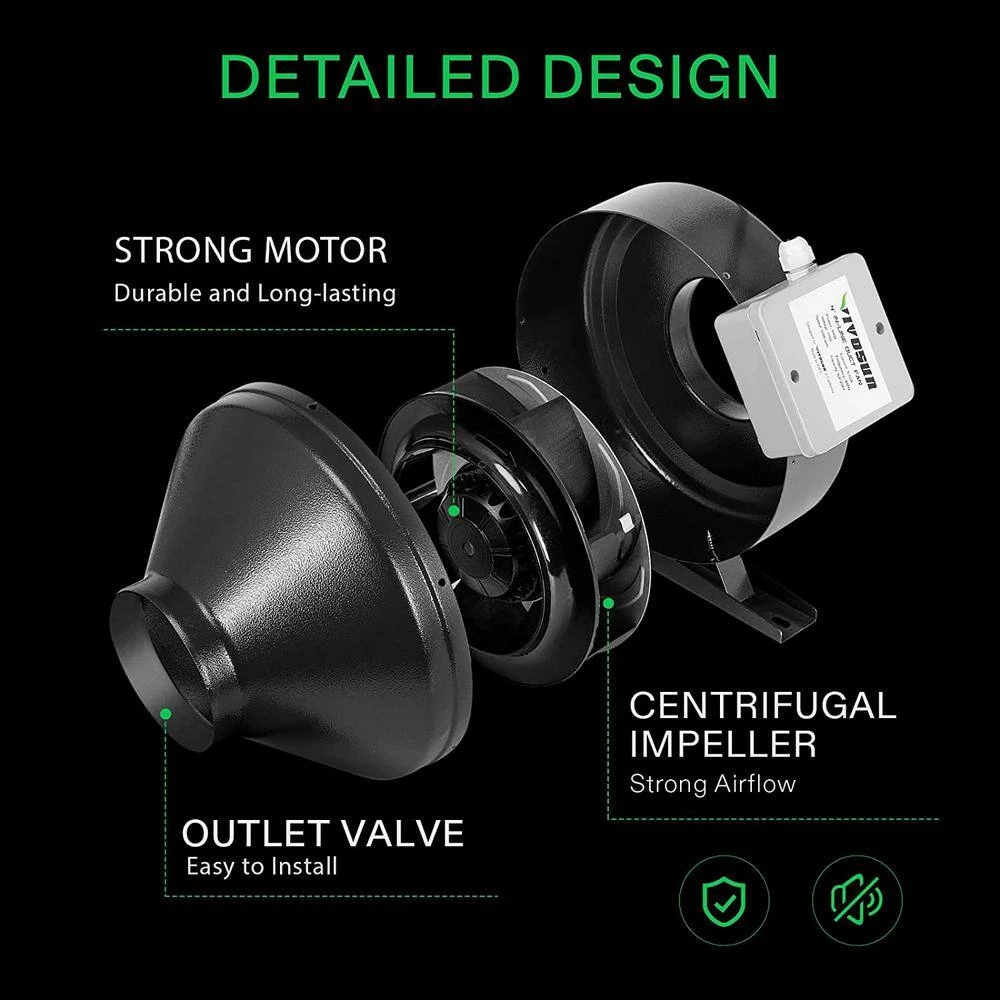 VIVOSUN 4 in. 203 CFM Inline Fan with Speed Controller and Leather Sheath, 4 in. Carbon Filter and 8 ft. of Ducting - Image 3