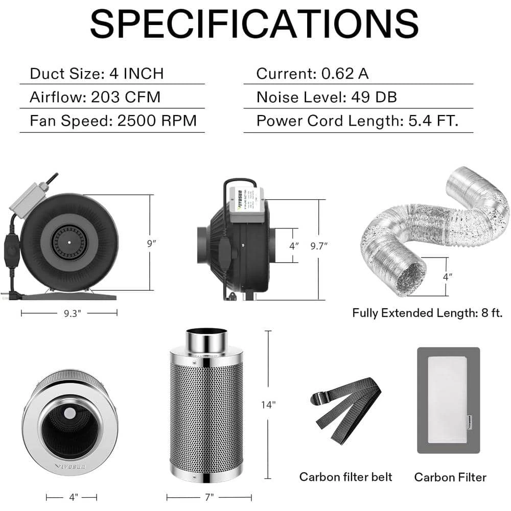 VIVOSUN 4 in. 203 CFM Inline Fan with Speed Controller and Leather Sheath, 4 in. Carbon Filter and 8 ft. of Ducting - Image 2